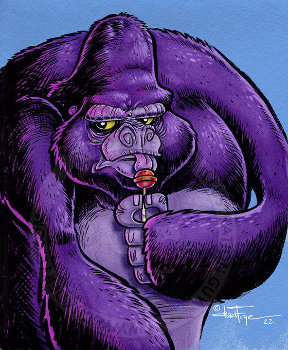 A large purple ape licks a small lollipop